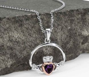 Alexandrite Rose Gold Silver Claddagh Necklace