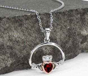 Garnet Rose Gold Silver Claddagh Necklace