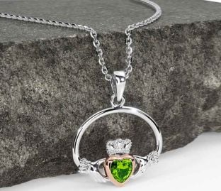 Peridot Rose Gold Silver Claddagh Necklace