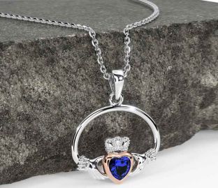 Sapphire Rose Gold Silver Claddagh Necklace