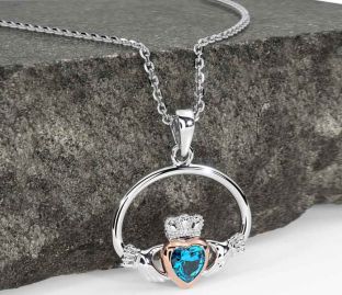 Topaz Rose Gold Silver Claddagh Necklace