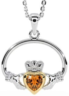 Citrine Gold Silver Claddagh Necklace