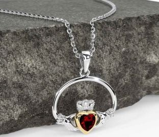 Garnet Gold Silver Claddagh Necklace