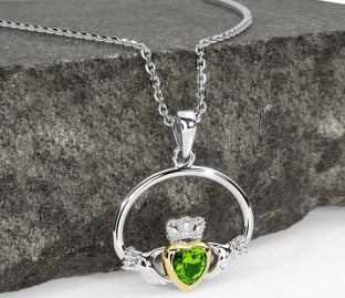 Peridot Gold Silver Claddagh Necklace
