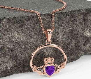 Amethyst Rose Gold Silver Claddagh Necklace