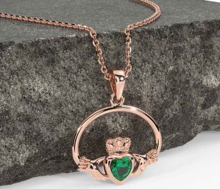 Emerald Rose Gold Silver Claddagh Necklace