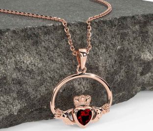 Garnet Rose Gold Silver Claddagh Necklace