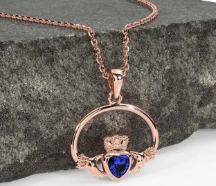 Sapphire Rose Gold Silver Claddagh Necklace