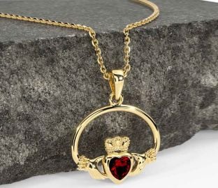 Garnet Gold Silver Claddagh Necklace