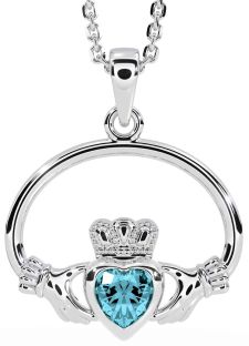 Aquamarine Silver Claddagh Necklace