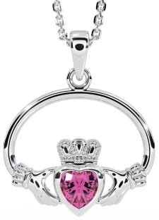 Pink Tourmaline Silver Claddagh Necklace