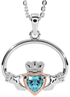 Aquamarine Rose Gold Silver Claddagh Necklace