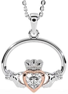 Diamond Rose Gold Silver Claddagh Necklace