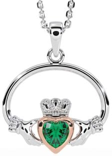 Emerald Rose Gold Silver Claddagh Necklace