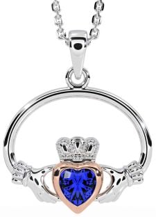 Sapphire Rose Gold Silver Claddagh Necklace