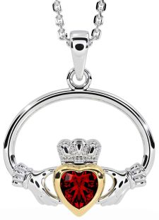 Garnet Gold Silver Claddagh Necklace