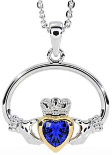 Sapphire Gold Silver Claddagh Necklace