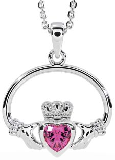 Pink Tourmaline White Gold Claddagh Necklace