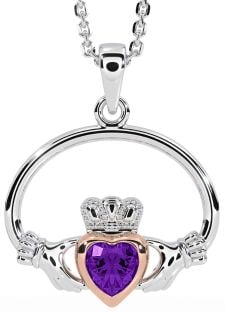 Amethyst White Rose Gold Claddagh Necklace