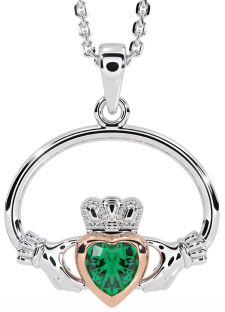 Emerald White Rose Gold Claddagh Necklace