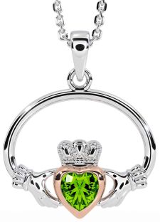 Peridot White Rose Gold Claddagh Necklace