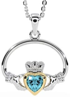 Aquamarine White Yellow Gold Claddagh Necklace