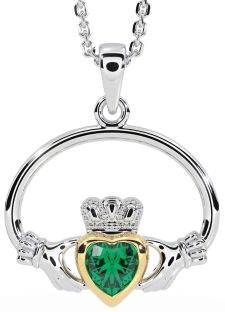 Emerald White Yellow Gold Claddagh Necklace