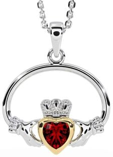 Garnet White Yellow Gold Claddagh Necklace