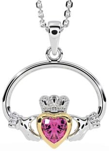 Pink Tourmaline White Yellow Gold Claddagh Necklace