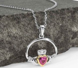 Pink Tourmaline White Yellow Gold Claddagh Necklace