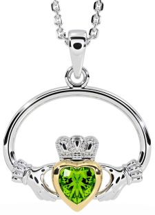 Peridot White Yellow Gold Claddagh Necklace