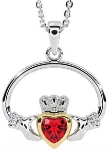 Ruby White Yellow Gold Claddagh Necklace