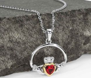 Ruby White Yellow Gold Claddagh Necklace