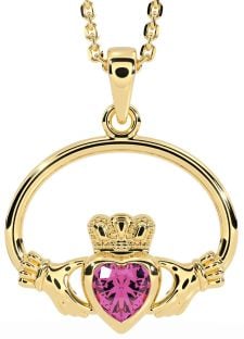 Pink Tourmaline Gold Claddagh Necklace