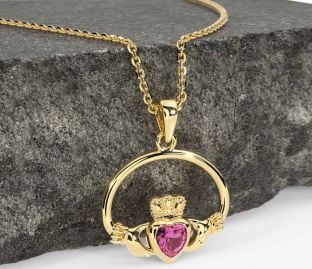 Pink Tourmaline Gold Claddagh Necklace