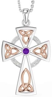 Diamond Amethyst Rose Gold Silver Celtic Cross Necklace