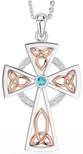 Diamond Aquamarine Rose Gold Silver Celtic Cross Necklace