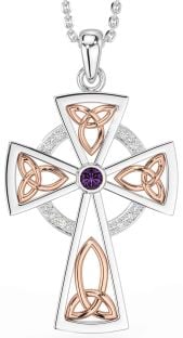 Diamond Alexandrite Rose Gold Silver Celtic Cross Necklace