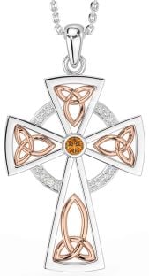 Diamond Citrine Rose Gold Silver Celtic Cross Necklace