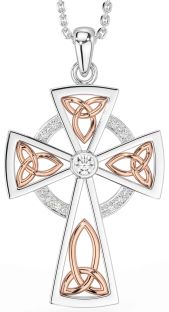 Diamond Rose Gold Silver Celtic Cross Necklace