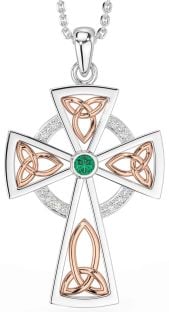 Diamond Emerald Rose Gold Silver Celtic Cross Necklace