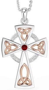 Diamond Garnet Rose Gold Silver Celtic Cross Necklace