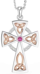 Diamond Pink Tourmaline Rose Gold Silver Celtic Cross Necklace