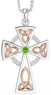 Diamond Peridot Rose Gold Silver Celtic Cross Necklace