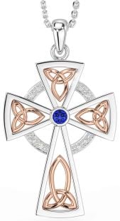 Diamond Sapphire Rose Gold Silver Celtic Cross Necklace