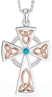 Diamond Topaz Rose Gold Silver Celtic Cross Necklace