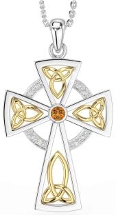 Diamond Citrine Gold Silver Celtic Cross Necklace