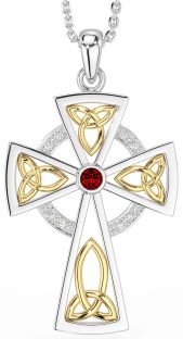 Diamond Garnet Gold Silver Celtic Cross Necklace