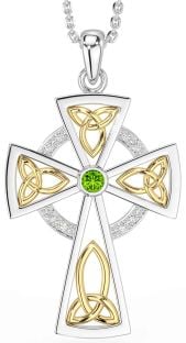 Diamond Peridot Gold Silver Celtic Cross Necklace