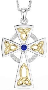 Diamond Sapphire Gold Silver Celtic Cross Necklace